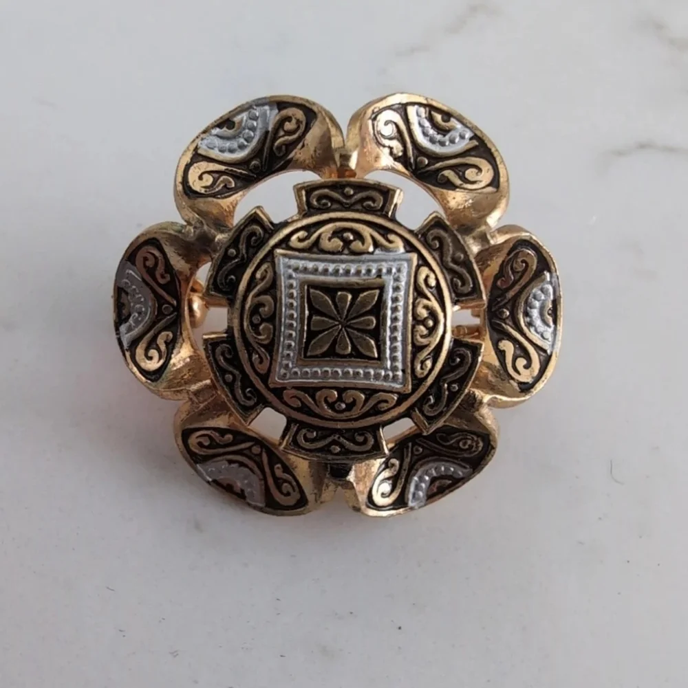 Vintage Gold Tone Filigree Flower Brooch Pin Ornate Scrollwork Antique Style