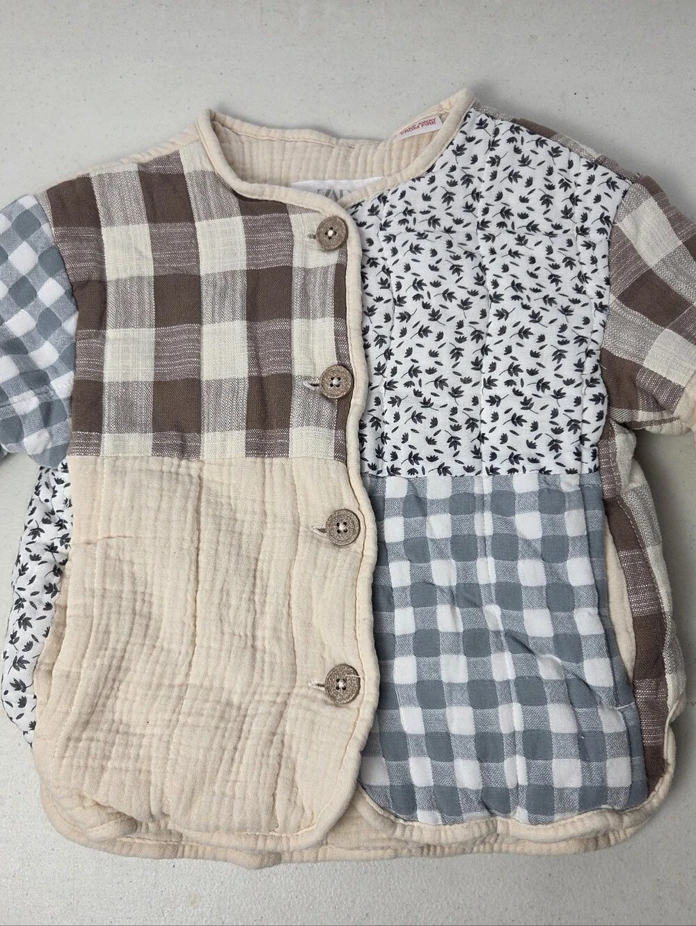 Zara Baby Patchwork Jacket Beige Brown Button Floral Plaid Gauze Size 12-18