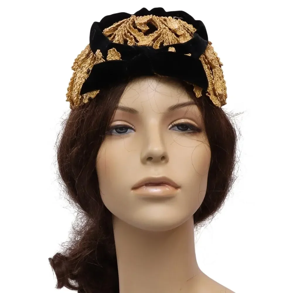Vintage 50s Art Deco Flapper Hat Gold Black Velveteen Cocktail