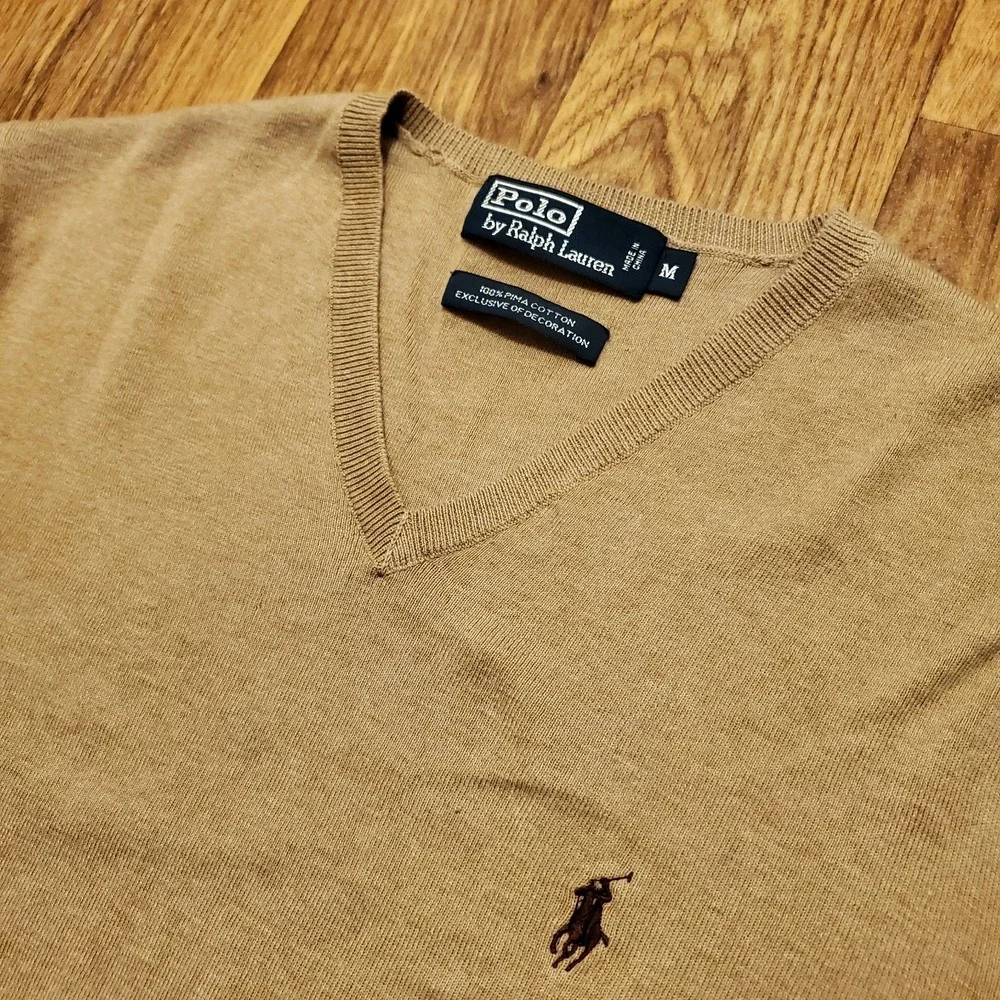 Vtg Polo Ralph Lauren Sweater Men‎ Medium Brown V-Neck Pima Cotton Golf