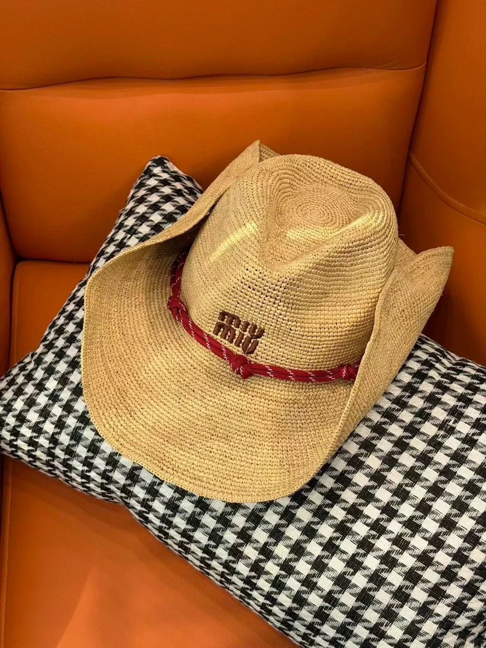 Miu Miu Natural Straw Cowboy Hat with Red Band