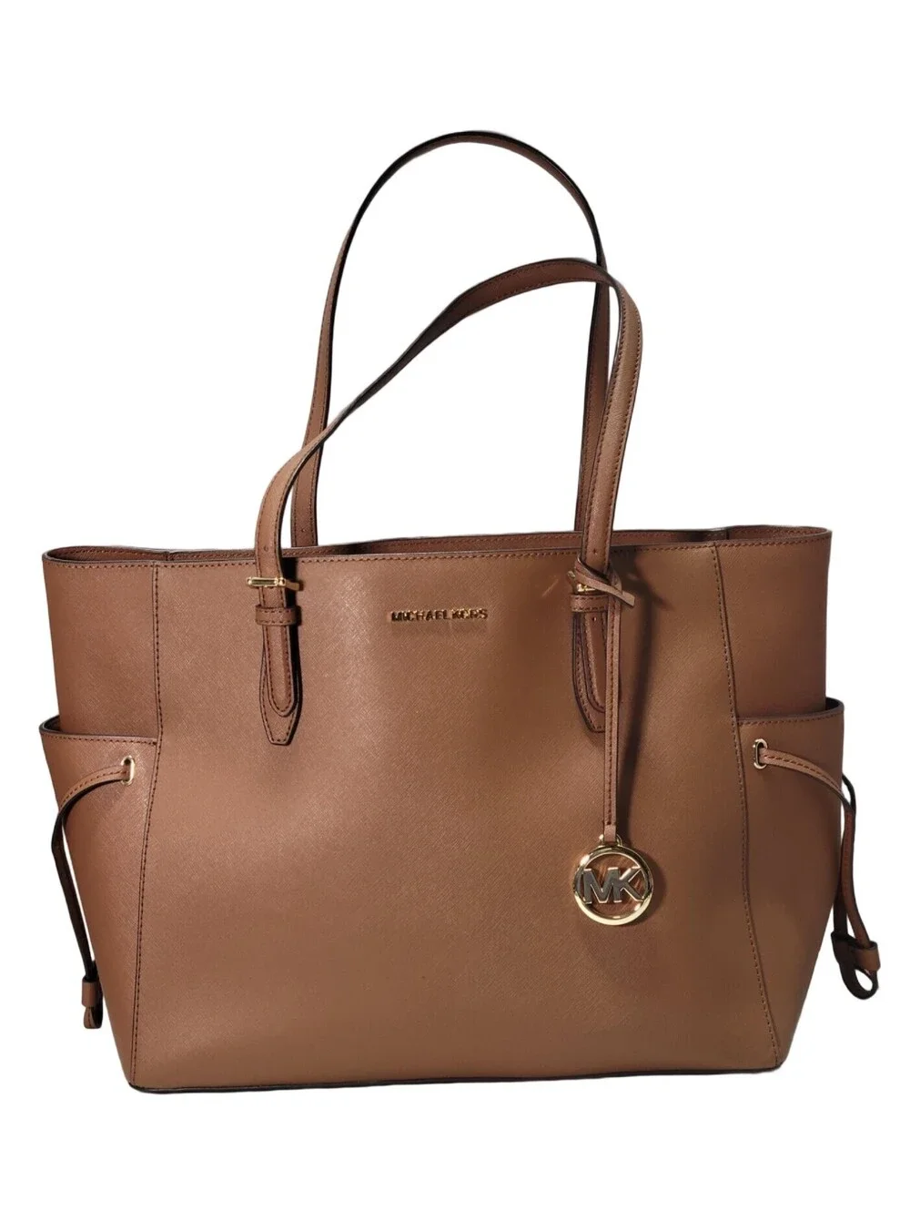 Michael Kors Brown Saffiano Medium Tote Zip Top Gold Hardware Charm Pockets