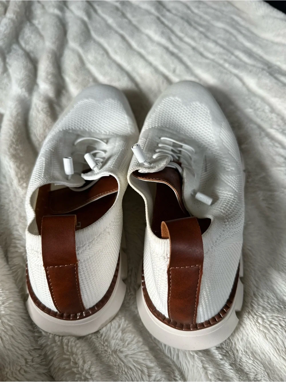 White Slip-On Knit Women's Sneakers with Brown Trim