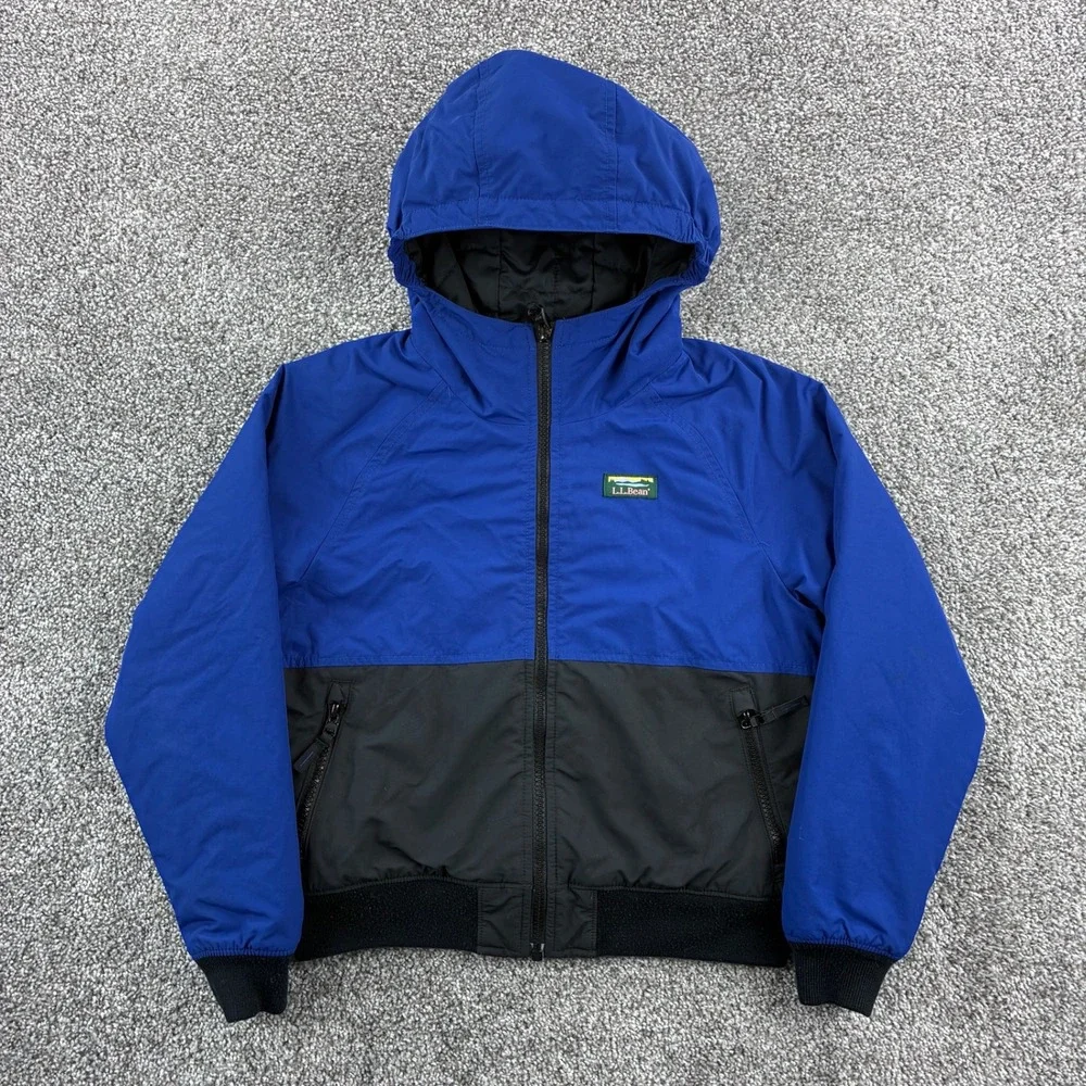 L.L. Bean Hooded Jacket Kids Small Blue Black Insulated Nylon Colorblock 513221