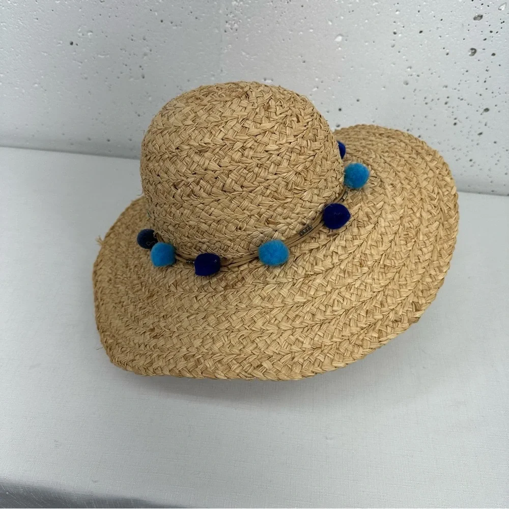 Pool to Party by Subtle Luxury Wide Brim Straw Floppy Sun Hat with Blue Pom Poms