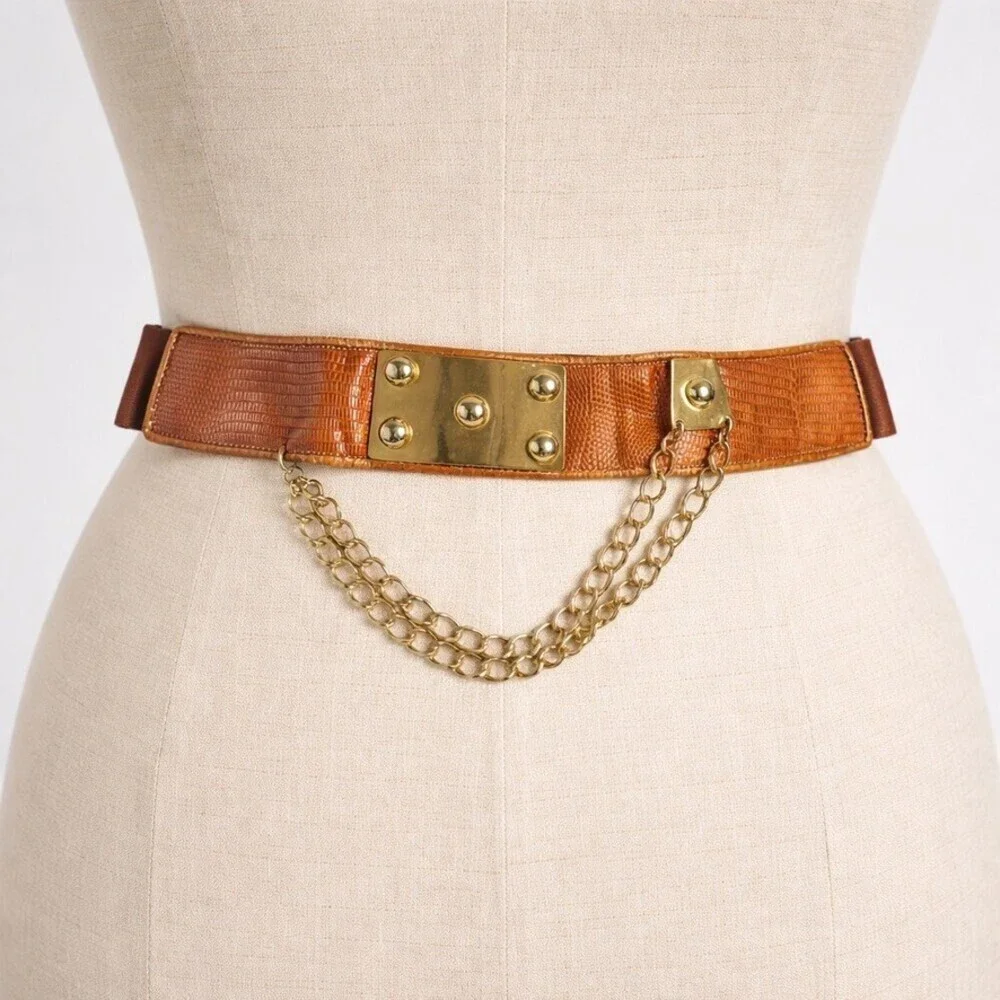 Vtg Ravid Artistic Des Brown statement Belt Gold Swag Chain Medallion 80's 90's