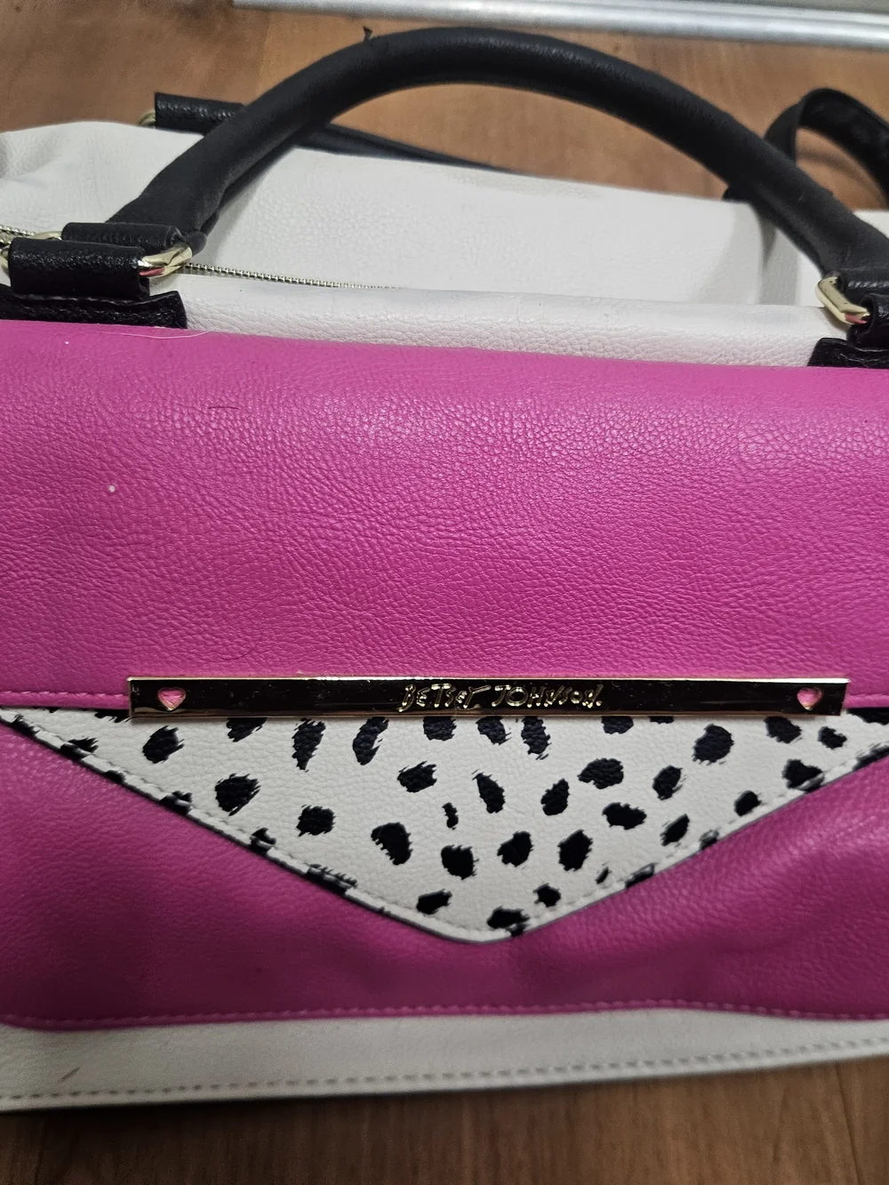Betsey Johnson Pink & White Dalmatian Accent Satchel