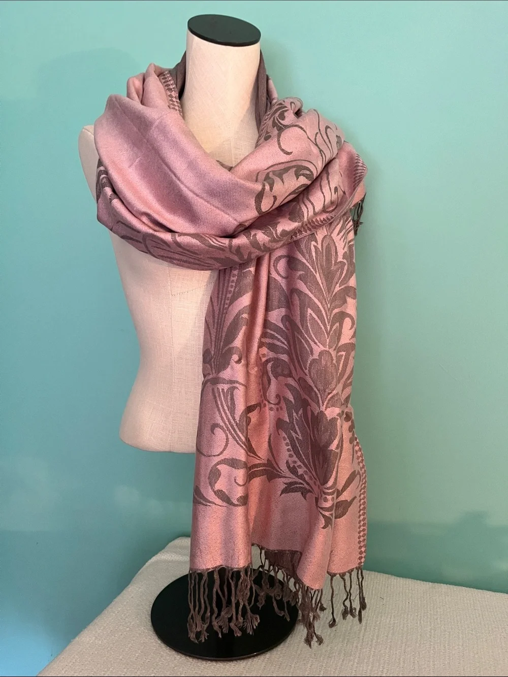 Luxurious Rose Pink Floral Jacquard Wrap Scarf