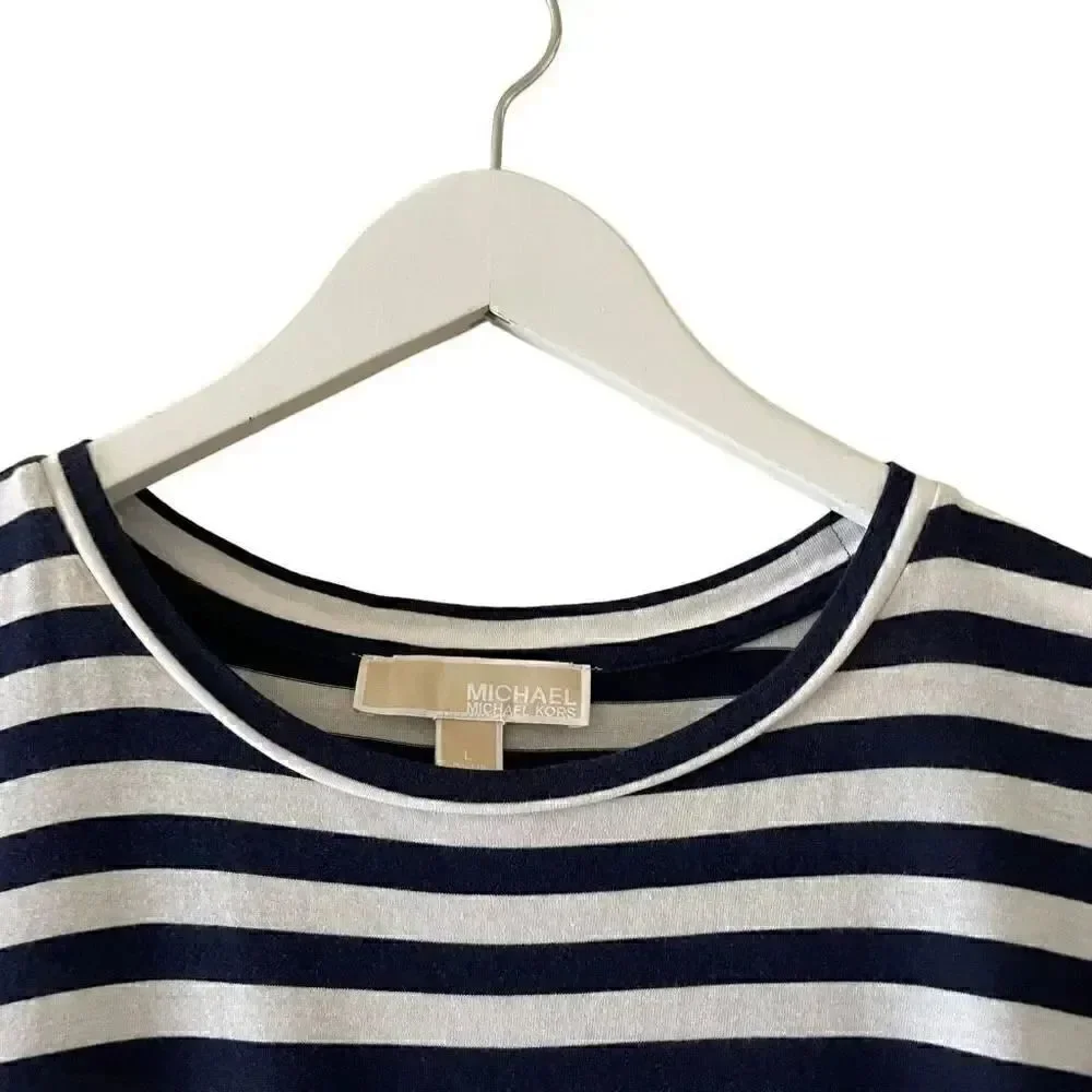 Michael Kors Stripes Front Knot Short Sleeves Soft High Low L # 1373