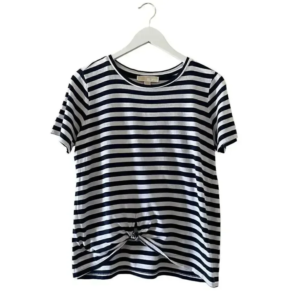 Michael Kors Stripes Front Knot Short Sleeves Soft High Low L # 1373