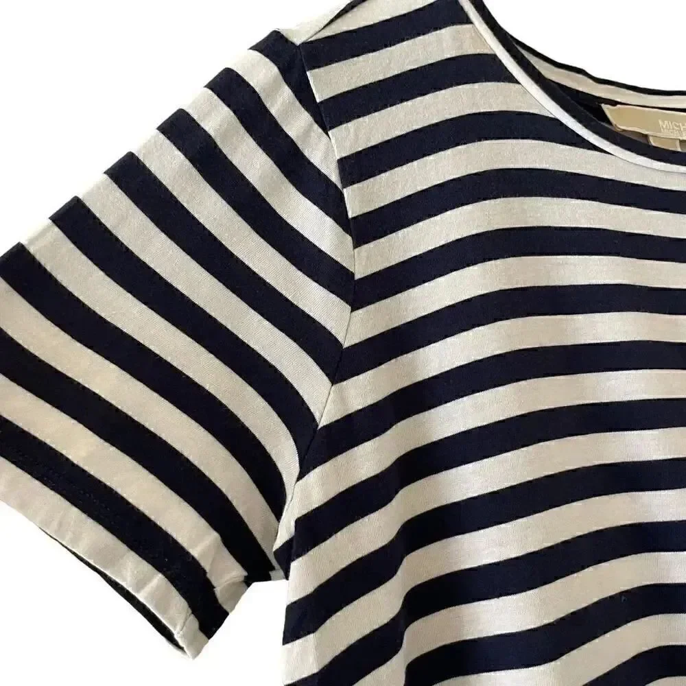 Michael Kors Stripes Front Knot Short Sleeves Soft High Low L # 1373