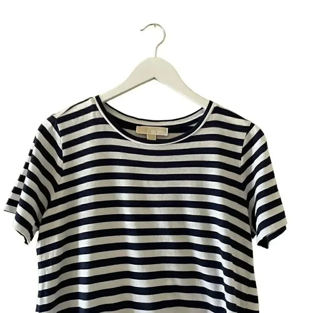 Michael Kors Stripes Front Knot Short Sleeves Soft High Low L # 1373