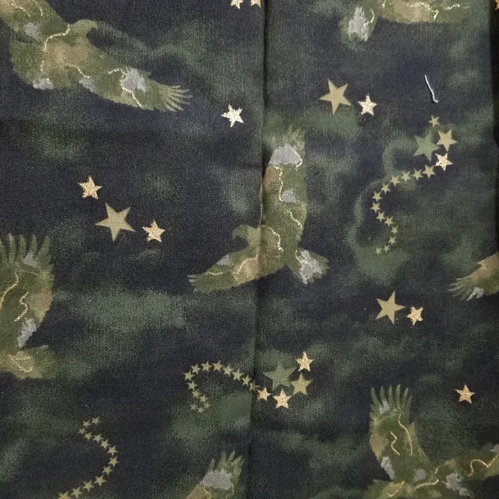 Fabric Traditions Patriotic Camo Eagles Green with Gold Sparkles 34 Inches