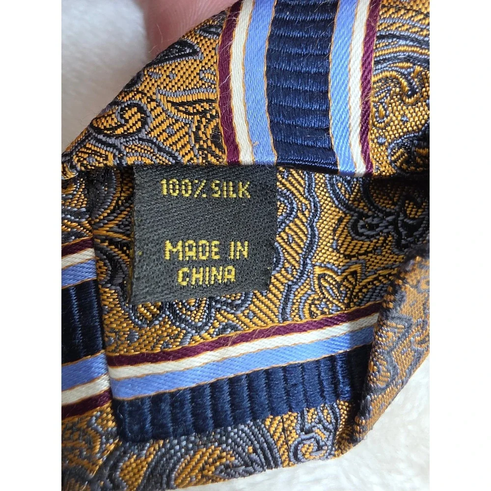Jos. A. Bank Signature Gold Silk Tie Mens Gold Navy Blue Striped Paisley RN31608
