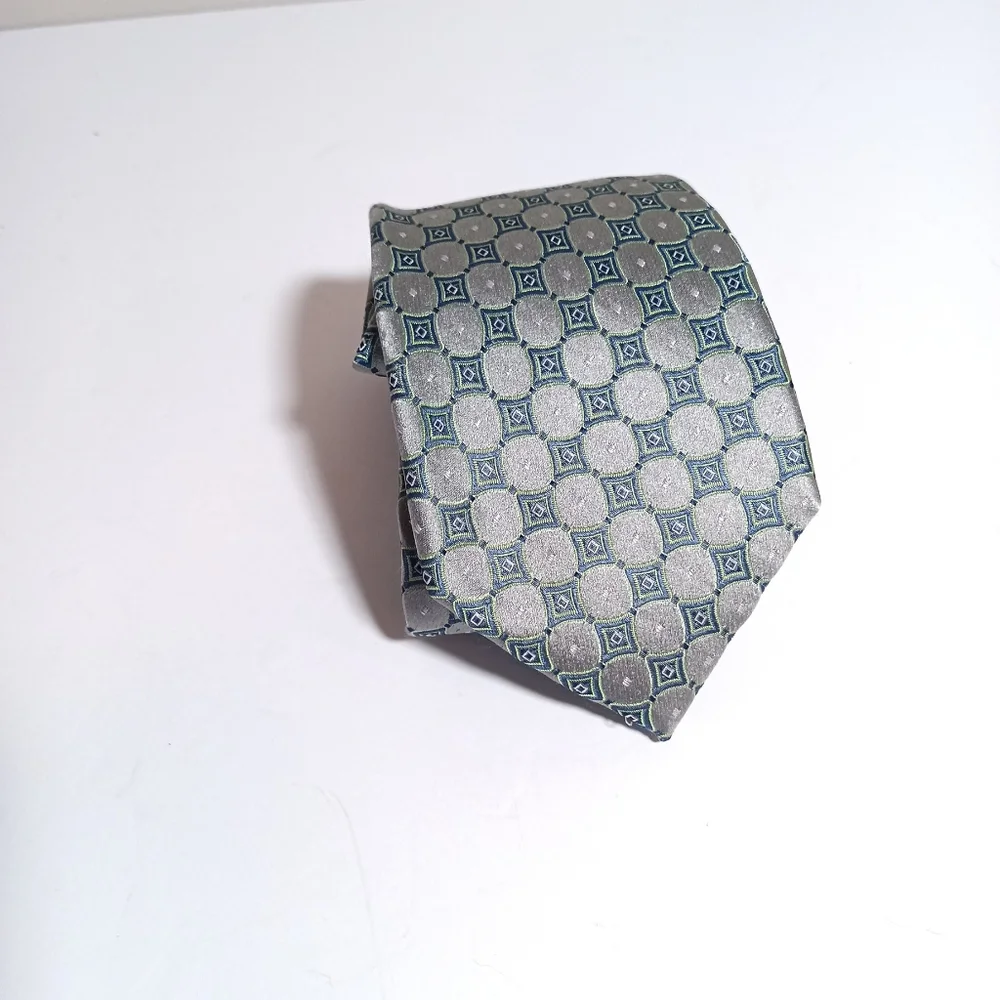 Ted Baker Tie Silk Silver Grey Green Abstract Geometric print Necktie 3