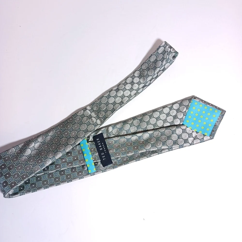 Ted Baker Tie Silk Silver Grey Green Abstract Geometric print Necktie 3