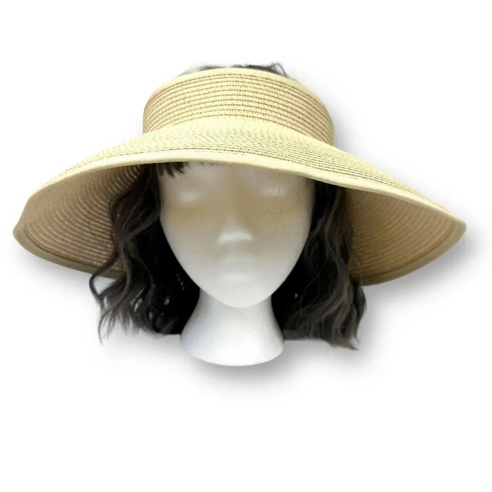 Boutique Women's Roll Up Visor‎ Hat Beige Tan 100% Paper Woven Sun Protection