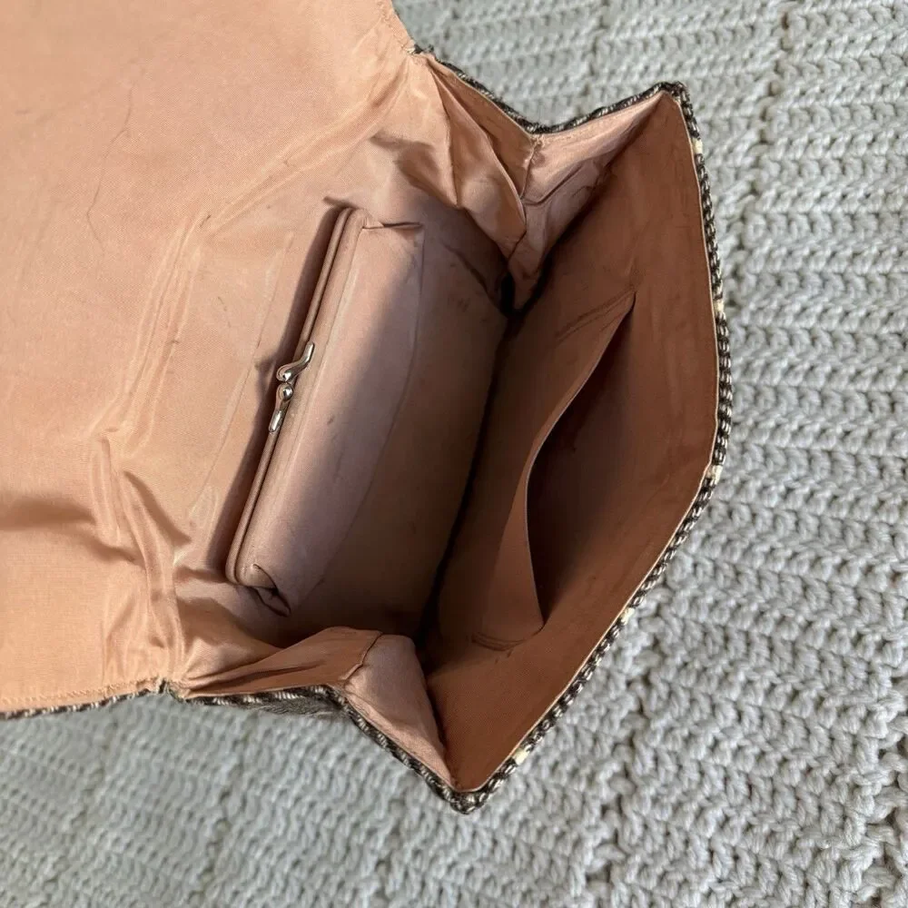 VTG Dual Pocket Clutch Purse Handbag With Brown Wool Herringbone Made In England