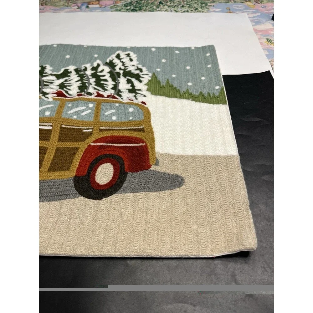 Pottery Barn Christmas Woody Car Crewel Embroidered Lumbar Pillow Cover