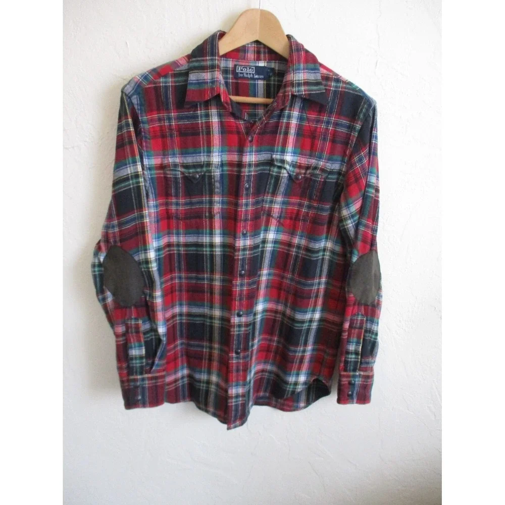 Polo Ralph Lauren Western Flannel Shirt Mens Medium Red Tartan Plaid Elbow Patch