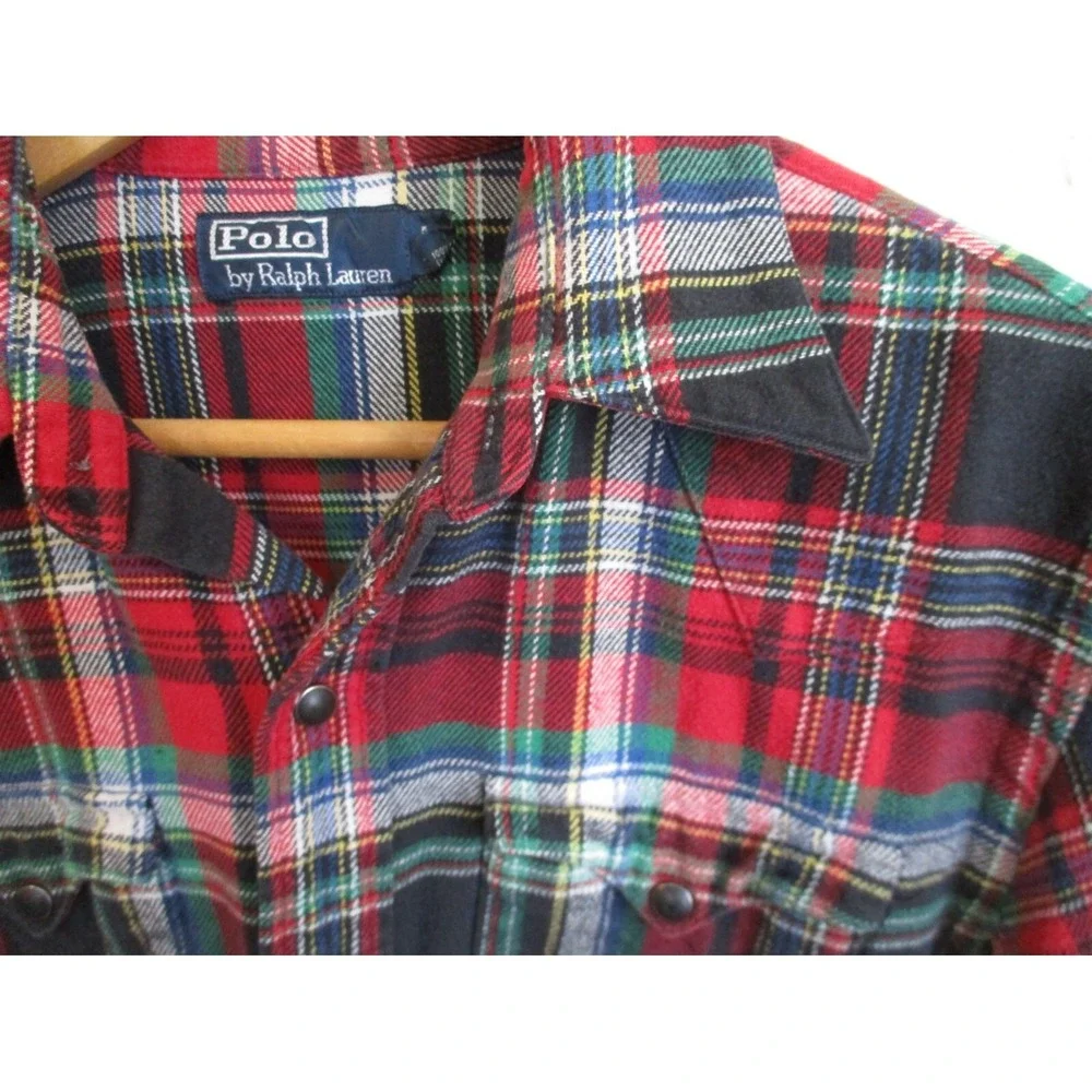 Polo Ralph Lauren Western Flannel Shirt Mens Medium Red Tartan Plaid Elbow Patch