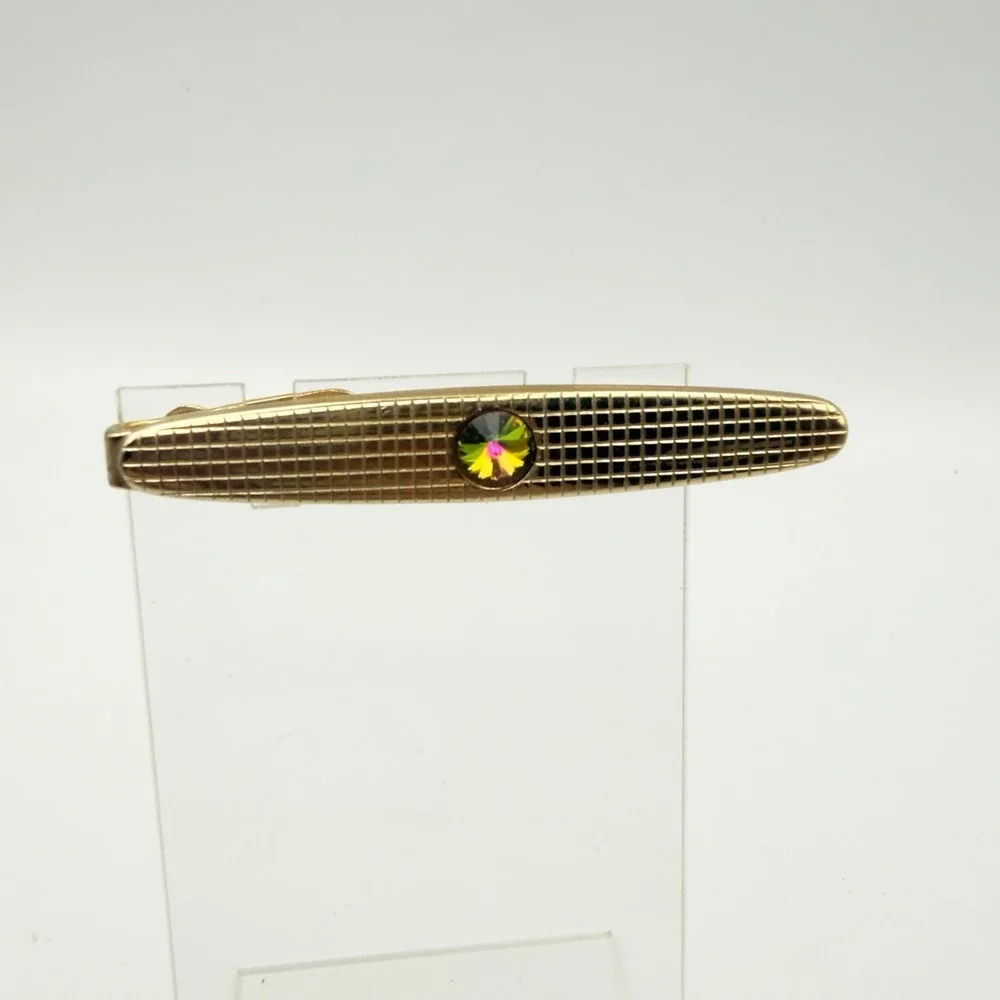 Vintage Gold Tone Tie Clip Bar Watermelon Rivoli Rhinestone Mid Century Mad Man