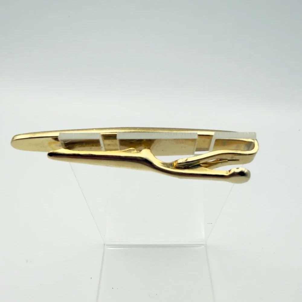 Vintage Gold Tone Tie Clip Bar Watermelon Rivoli Rhinestone Mid Century Mad Man