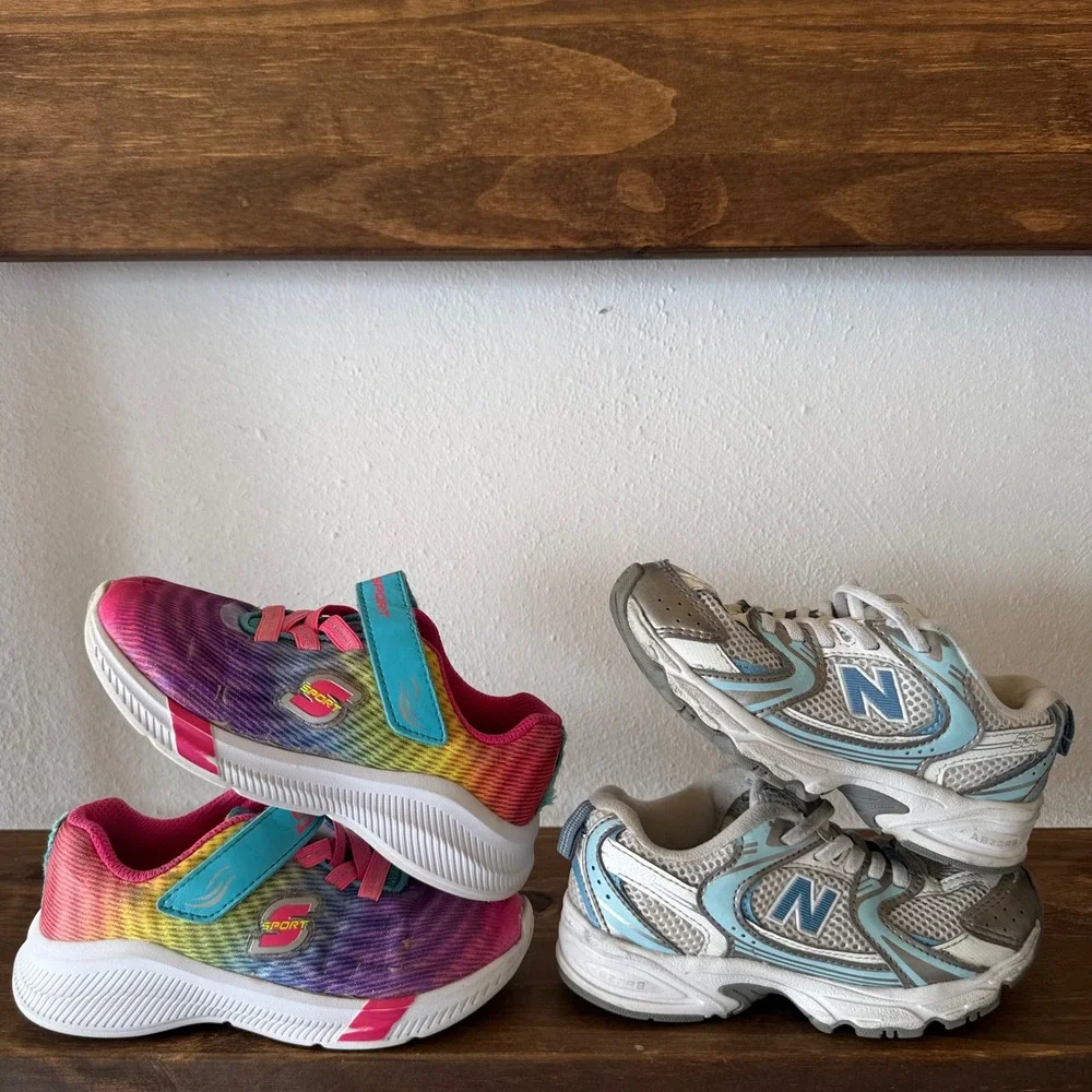 Lot of 2 Kids Sneakers Size 11 New Balance 530 & Skechers Sport Rainbow Shoes