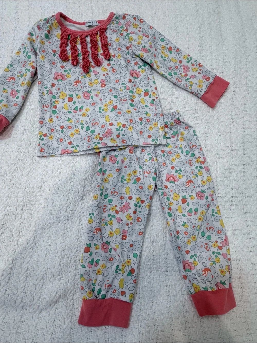Girls' Floral Ruffle-Trim Cotton Pajama Set in Pink