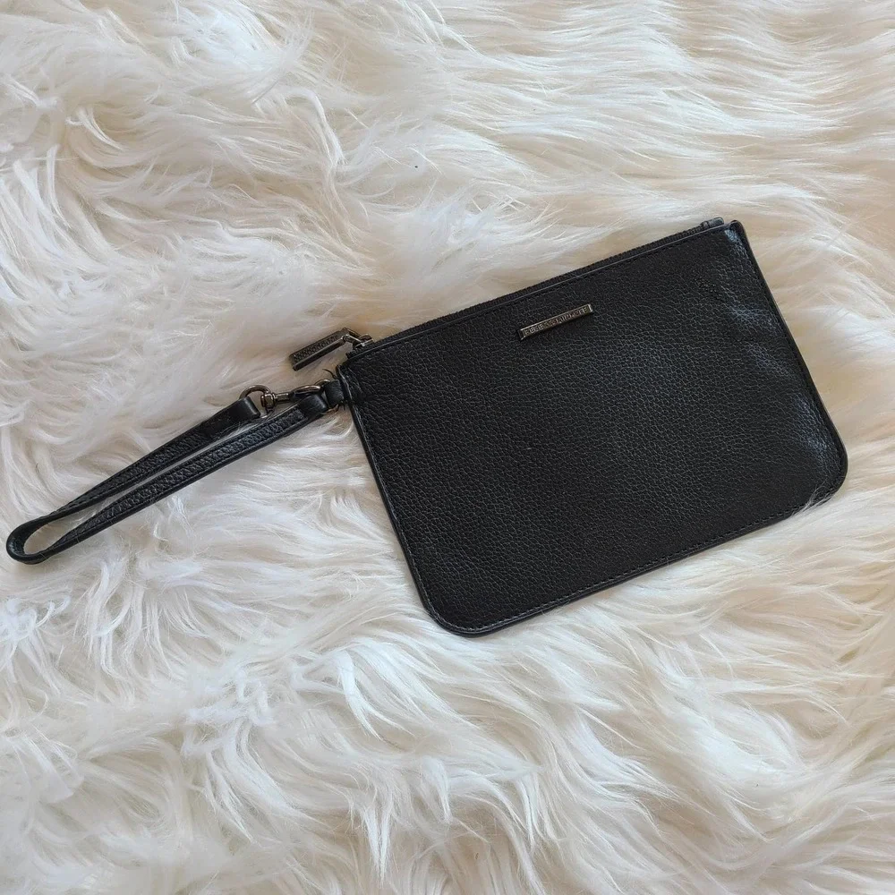 Rebecca Minkoff Pebbled Leather Black Zip Pouch Wristlet Wallet Smoked hardware