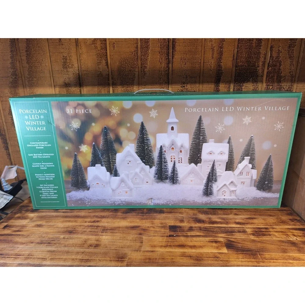 31pc Winter Village White Unglazed Porcelain Holiday Pre Lit LED Figurines, Tree