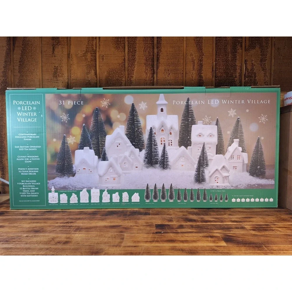 31pc Winter Village White Unglazed Porcelain Holiday Pre Lit LED Figurines, Tree