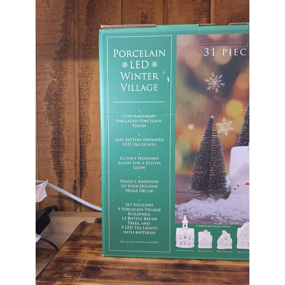 31pc Winter Village White Unglazed Porcelain Holiday Pre Lit LED Figurines, Tree