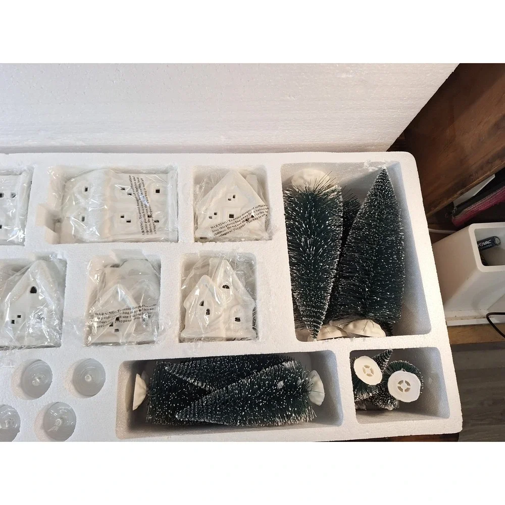 31pc Winter Village White Unglazed Porcelain Holiday Pre Lit LED Figurines, Tree