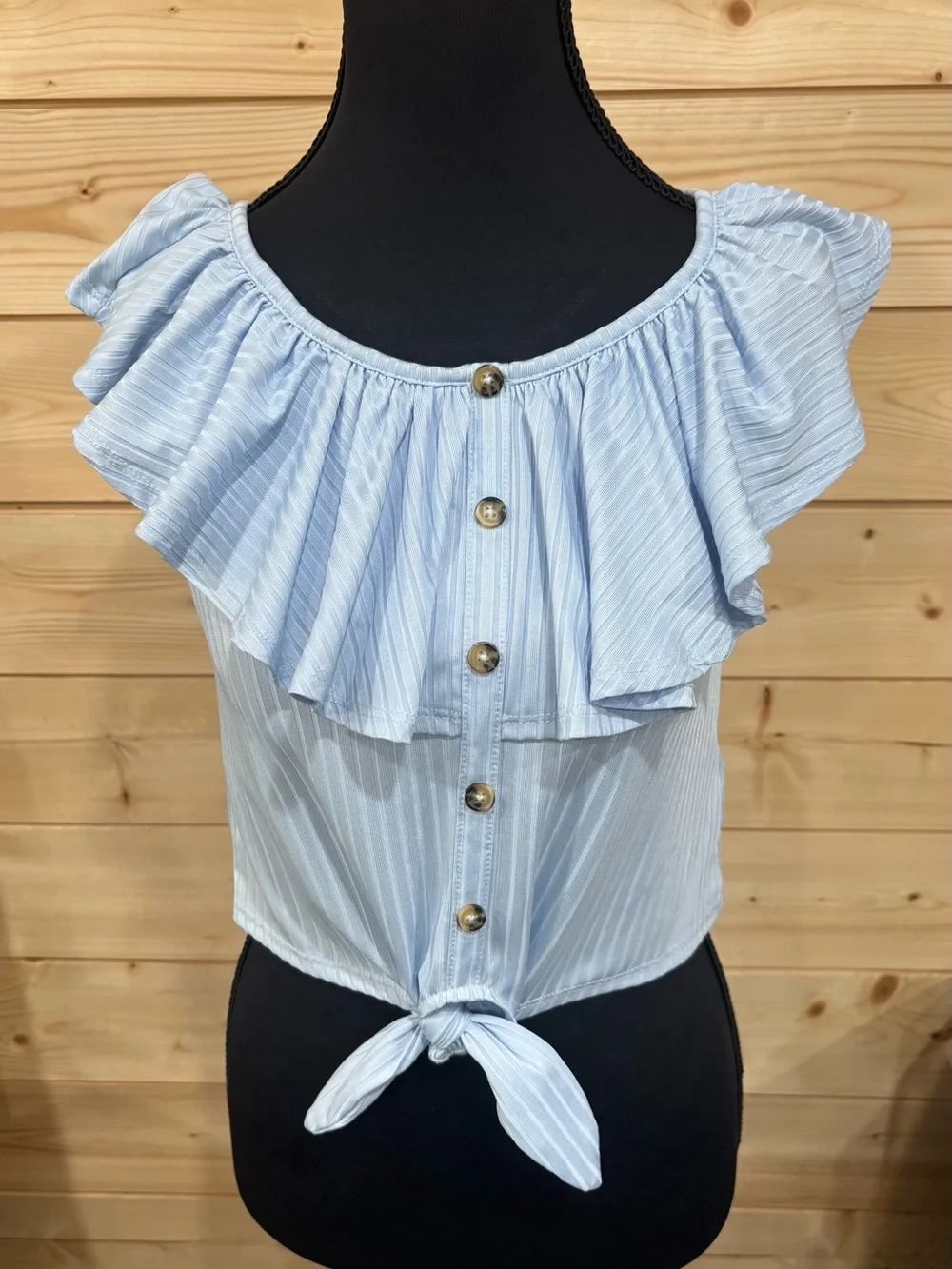 Justice Light Blue Striped Ruffle Girls 10 top.
