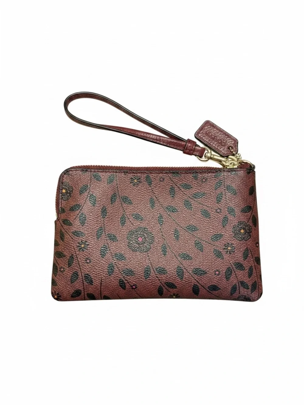 Coach Floral Print Leather 3/4 Wristlet in Brown