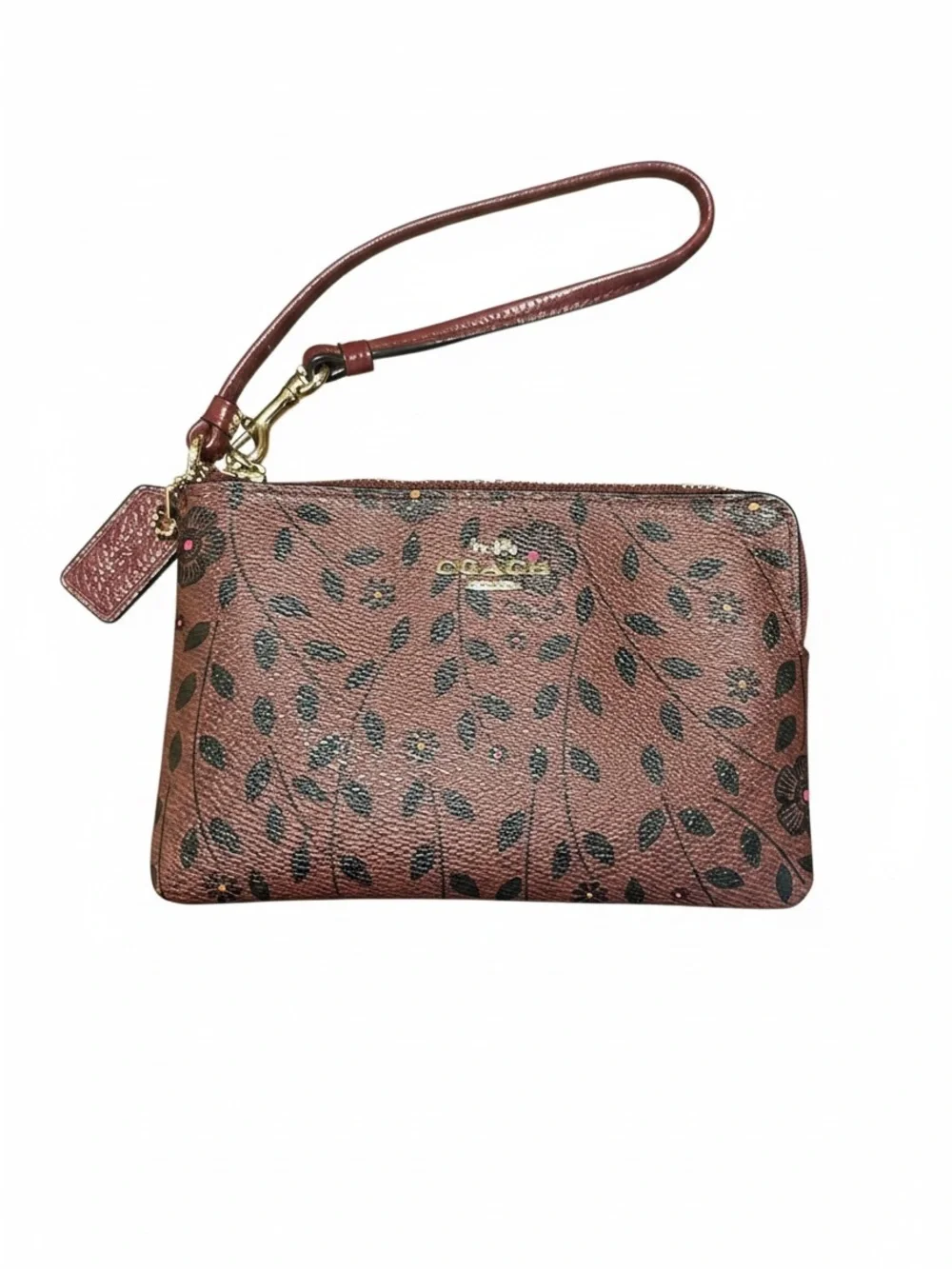 Coach Floral Print Leather 3/4 Wristlet in Brown