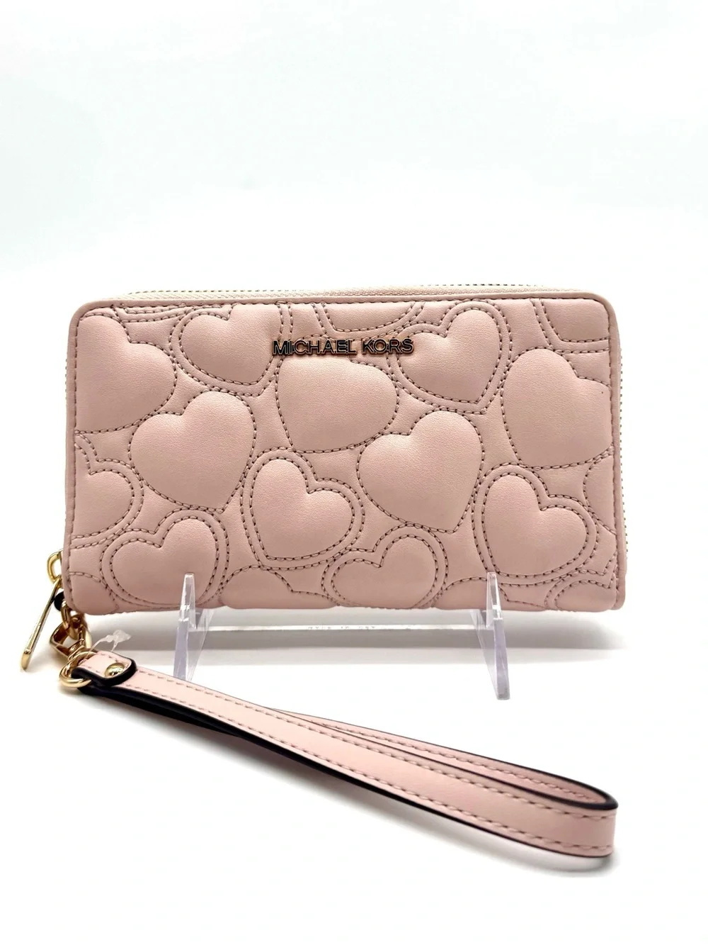 Michael Kors Large Quilted Heart Flat MF Phone Case Wallet Powder Blush