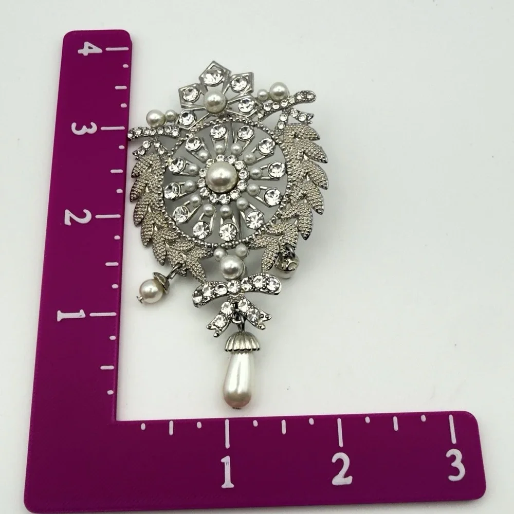 Vintage Style Rhinestone Faux Pearl Dangle Brooch Silver Tone Large 3.5