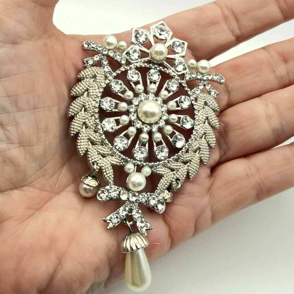 Vintage Style Rhinestone Faux Pearl Dangle Brooch Silver Tone Large 3.5