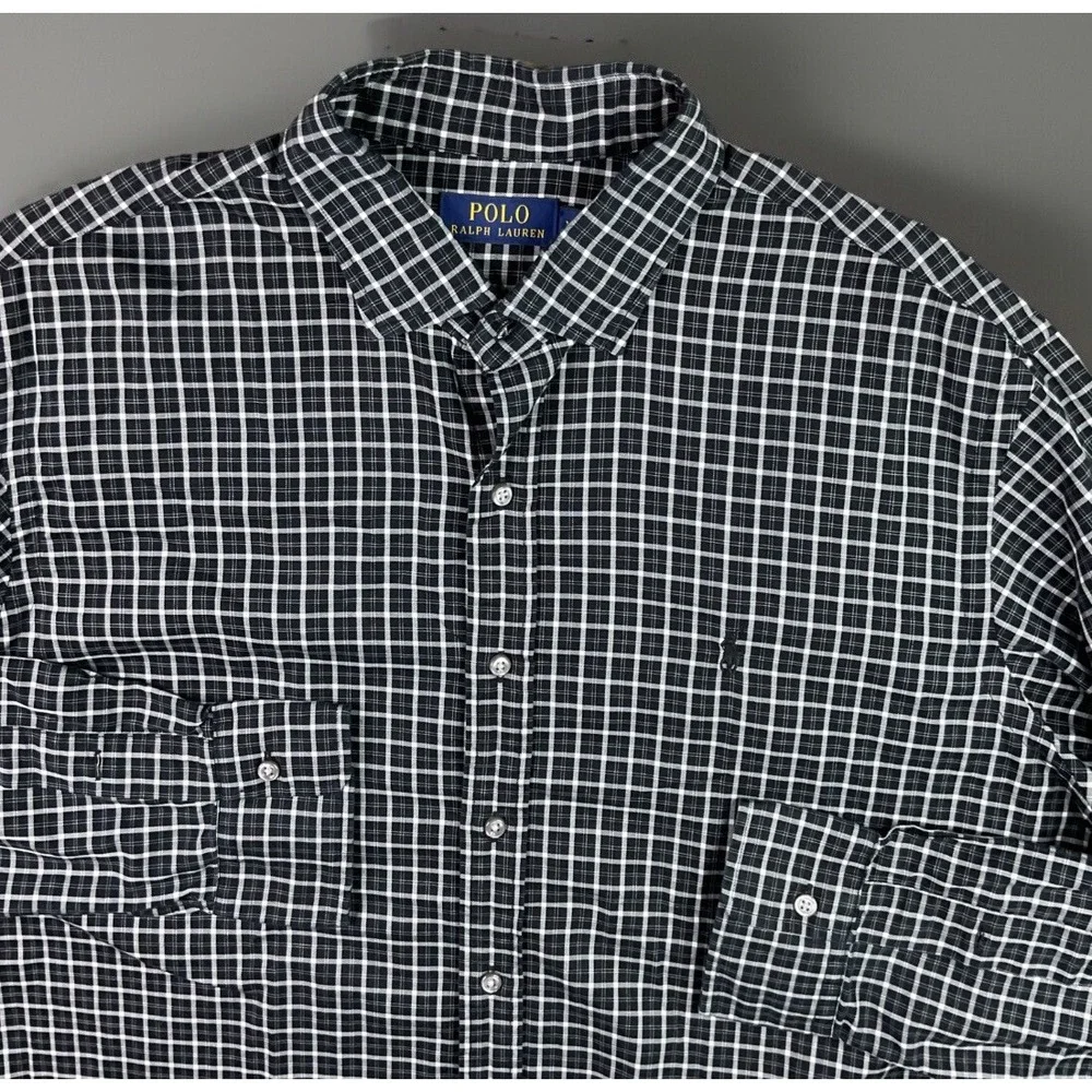 Polo Ralph Lauren Shirt Men Sz XL Plaid Checks Black White Long Sleeve Button Up