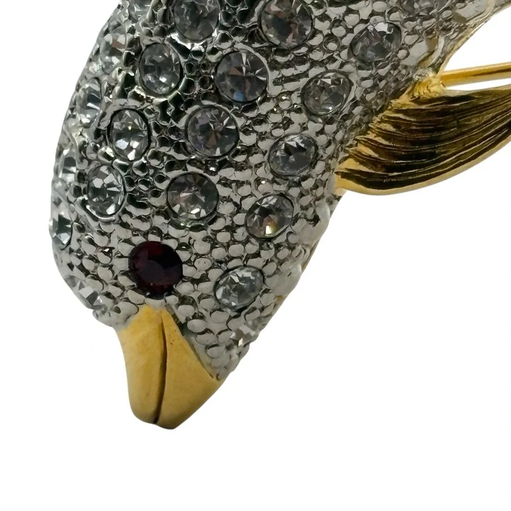 Vtg Dolphin Brooch Pin By P.‎ S. Co. Rhinestone Gold Tone Y2K Dated 2000 Ocean