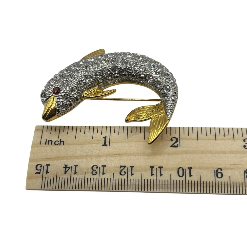Vtg Dolphin Brooch Pin By P.‎ S. Co. Rhinestone Gold Tone Y2K Dated 2000 Ocean