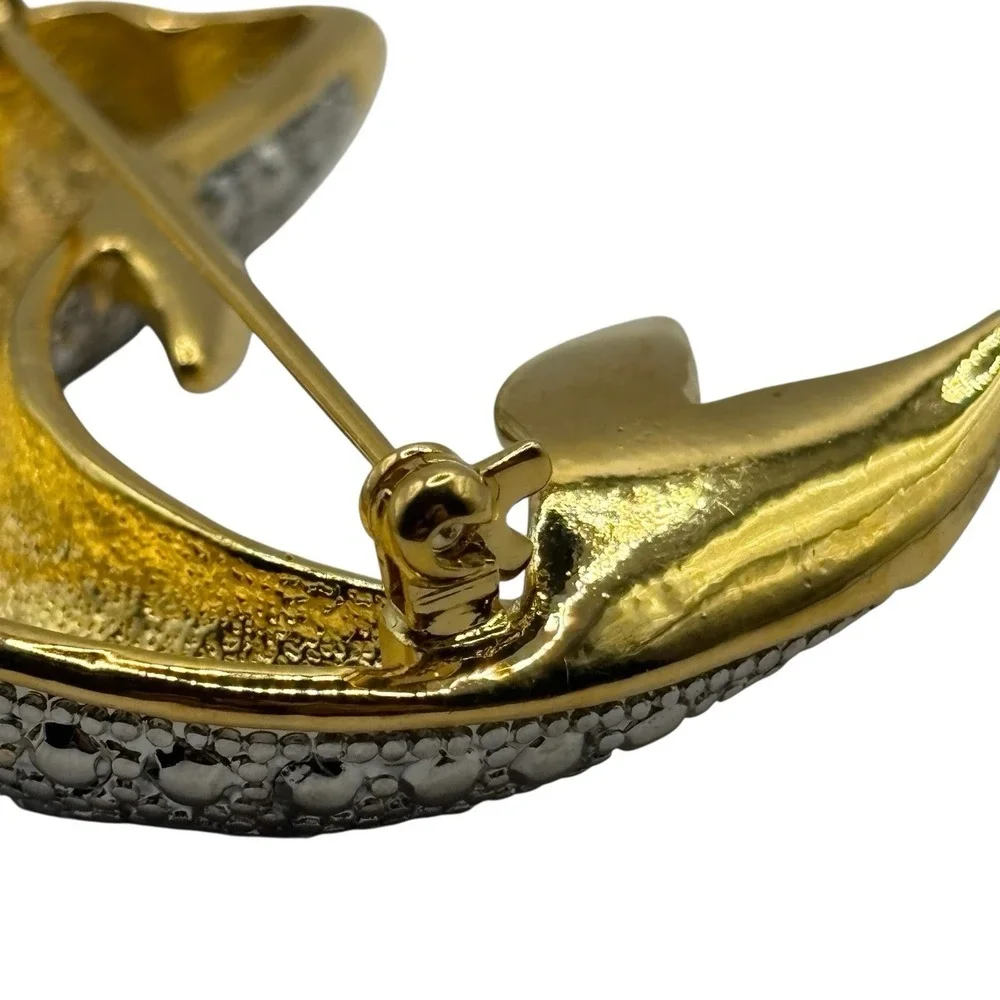 Vtg Dolphin Brooch Pin By P.‎ S. Co. Rhinestone Gold Tone Y2K Dated 2000 Ocean