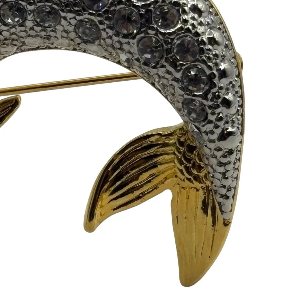 Vtg Dolphin Brooch Pin By P.‎ S. Co. Rhinestone Gold Tone Y2K Dated 2000 Ocean