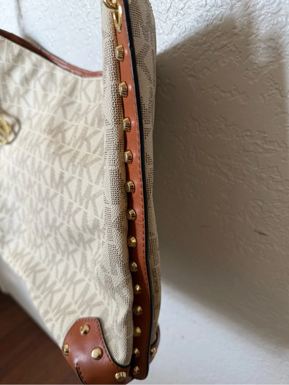 Michael Kors Cream MK Logo Shoulder Bag with Brown Trim