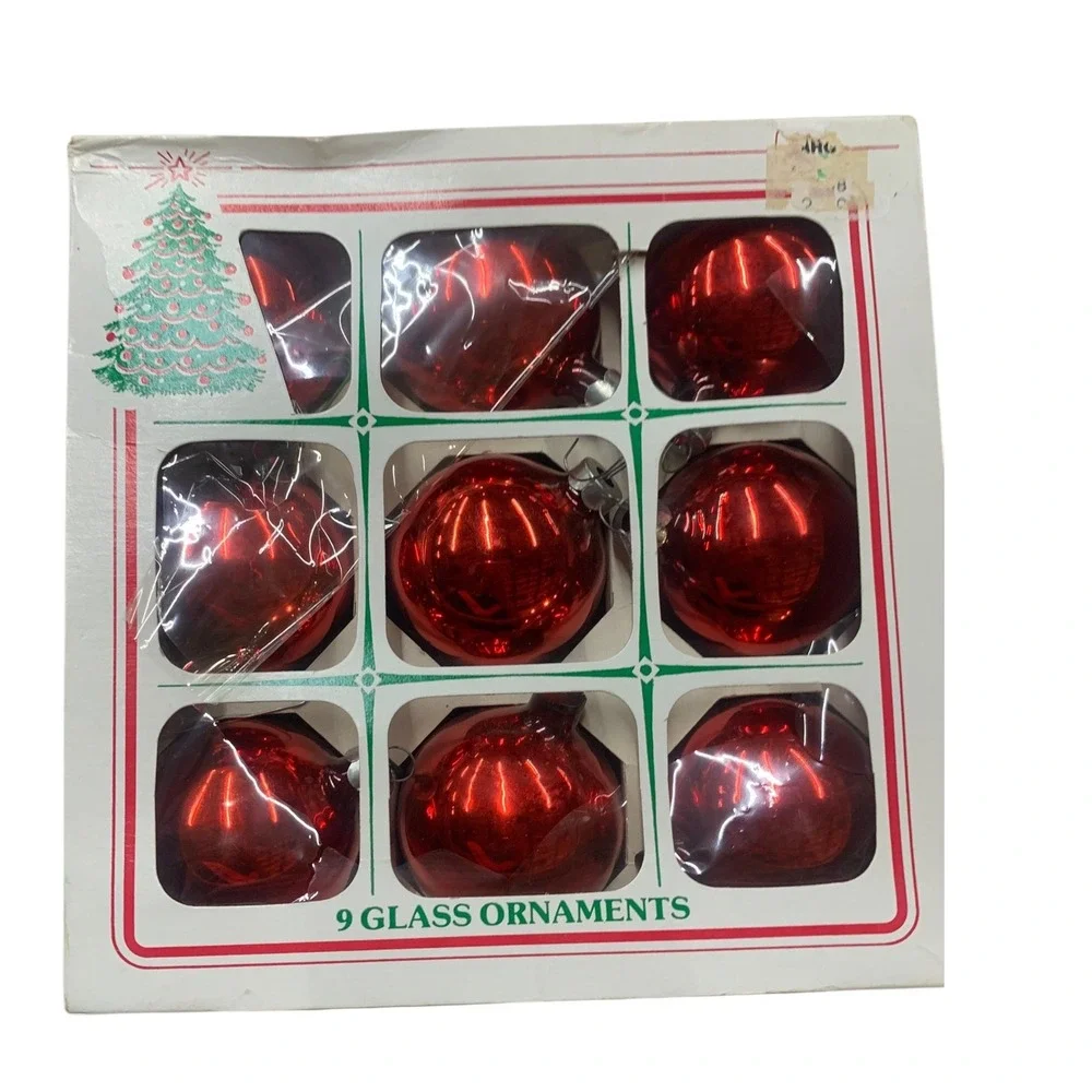 Vintage Essex Frankie Red‎ Glass Christmas Ornaments Set of 9 in Box USA