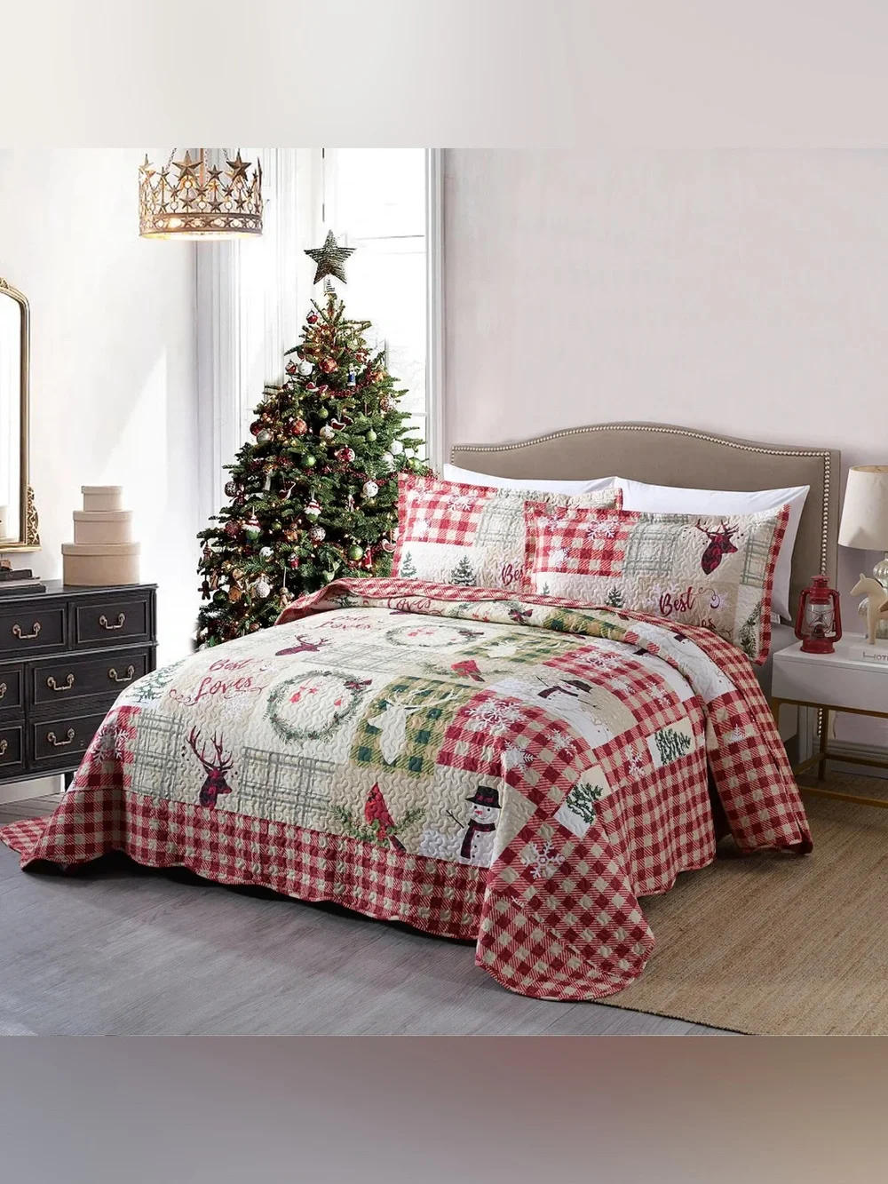 Red Christmas Plaid 3 piece queen Quilted Bedding Set