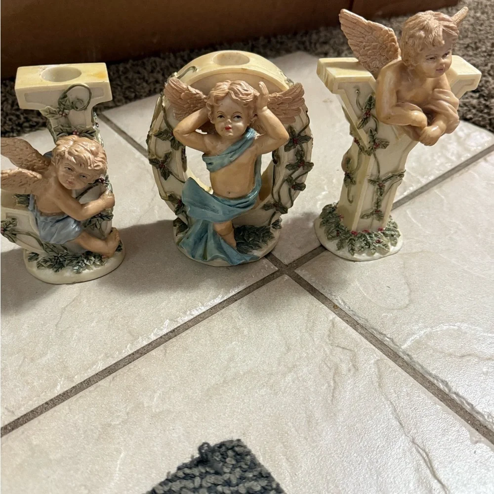 Charming Angel Candle Holder Set with Blue and Cream Accents