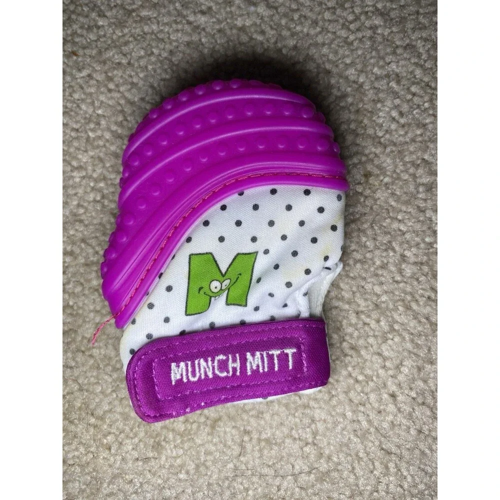 Munch Mitt Baby Teething Mitten Purple Polka Dot Silicone Teether